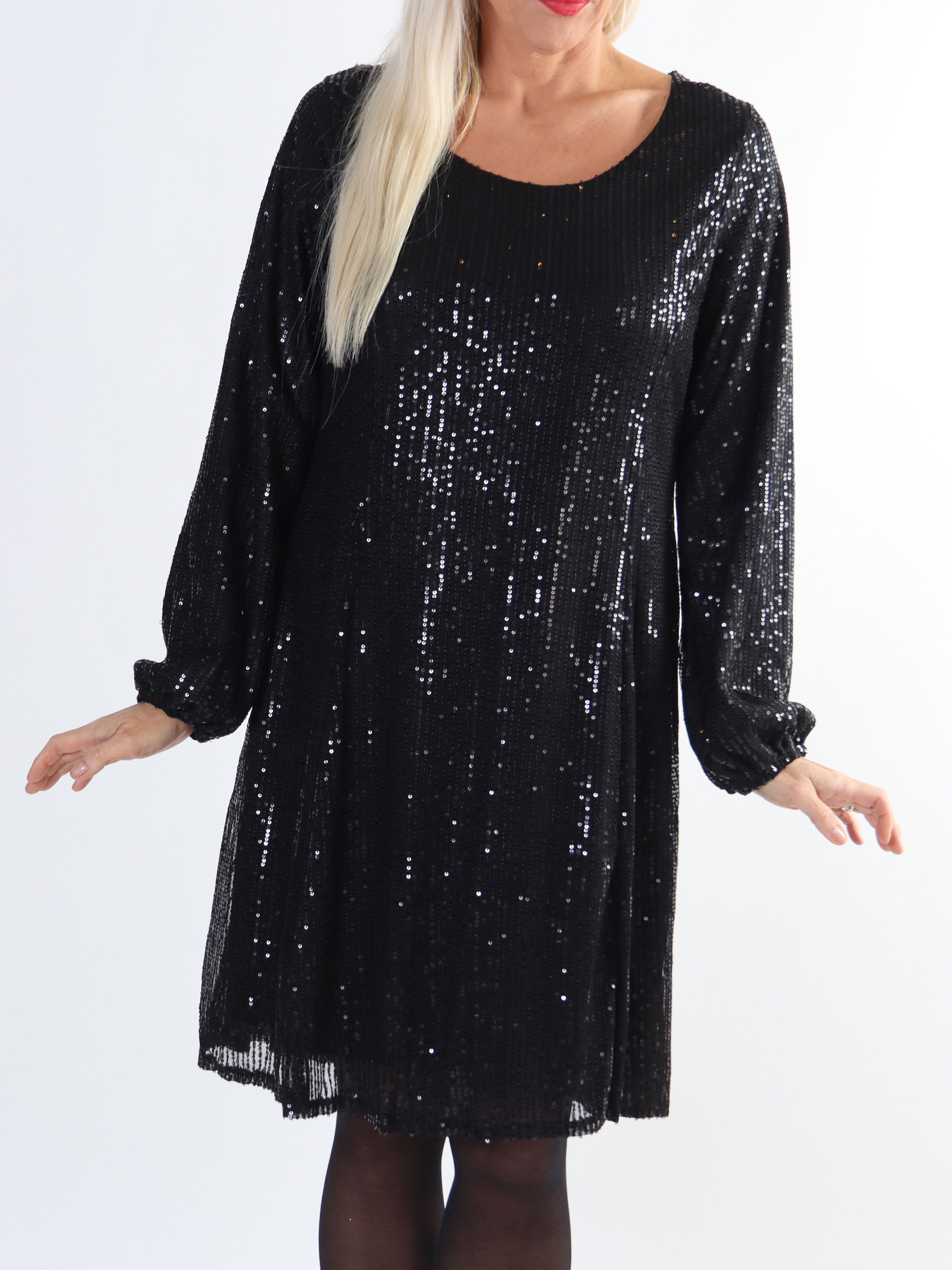 Maj Glitter L/S - Sød plus size paillet kjole der går ud i A facon